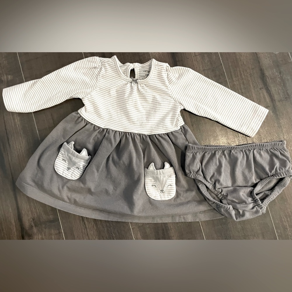 Carters - Baby Gray Fox Long Sleeve Jersey Dress - SIZE: 6 Months